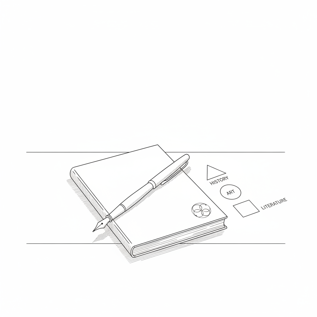 Elegant line-art illustration of a simple writing setup: a slim fountain pen resting diagonally across a closed notebook whose cover has a small abstract emblem instead of text. Next to it, three thin, labeled tabs are suggested only by different geometric shapes, hinting at categories like history, art and literature. The objects sit on a clear tabletop indicated by a single horizon line. Lighting is calm and even, with restrained hatching for shadows under the pen and notebook. The composition uses rule-of-thirds, leaving ample negative space above, giving a clean, sober editorial atmosphere perfect for an essay-focused humanities blog.