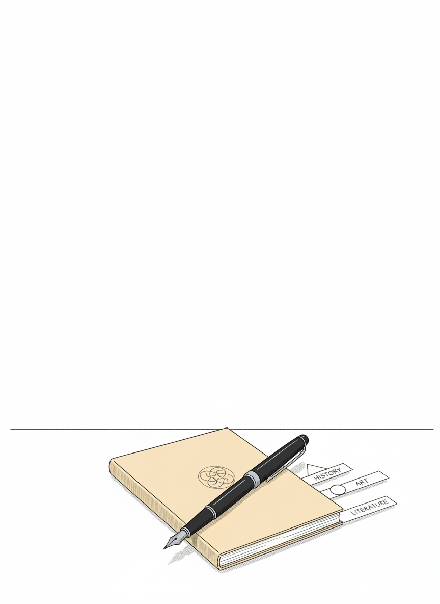 Elegant line-art illustration of a simple writing setup: a slim fountain pen resting diagonally across a closed notebook whose cover has a small abstract emblem instead of text. Next to it, three thin, labeled tabs are suggested only by different geometric shapes, hinting at categories like history, art and literature. The objects sit on a clear tabletop indicated by a single horizon line. Lighting is calm and even, with restrained hatching for shadows under the pen and notebook. The composition uses rule-of-thirds, leaving ample negative space above, giving a clean, sober editorial atmosphere perfect for an essay-focused humanities blog.