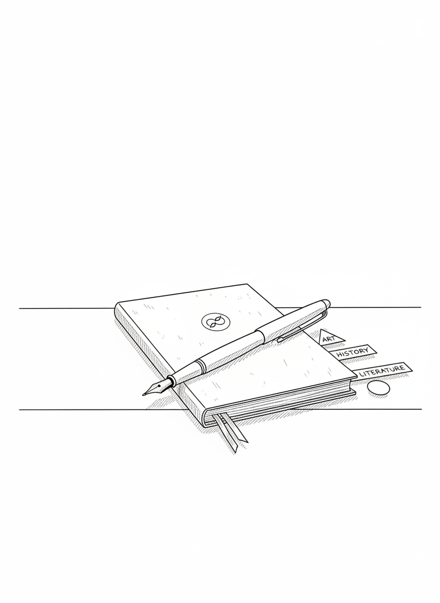 Elegant line-art illustration of a simple writing setup: a slim fountain pen resting diagonally across a closed notebook whose cover has a small abstract emblem instead of text. Next to it, three thin, labeled tabs are suggested only by different geometric shapes, hinting at categories like history, art and literature. The objects sit on a clear tabletop indicated by a single horizon line. Lighting is calm and even, with restrained hatching for shadows under the pen and notebook. The composition uses rule-of-thirds, leaving ample negative space above, giving a clean, sober editorial atmosphere perfect for an essay-focused humanities blog.