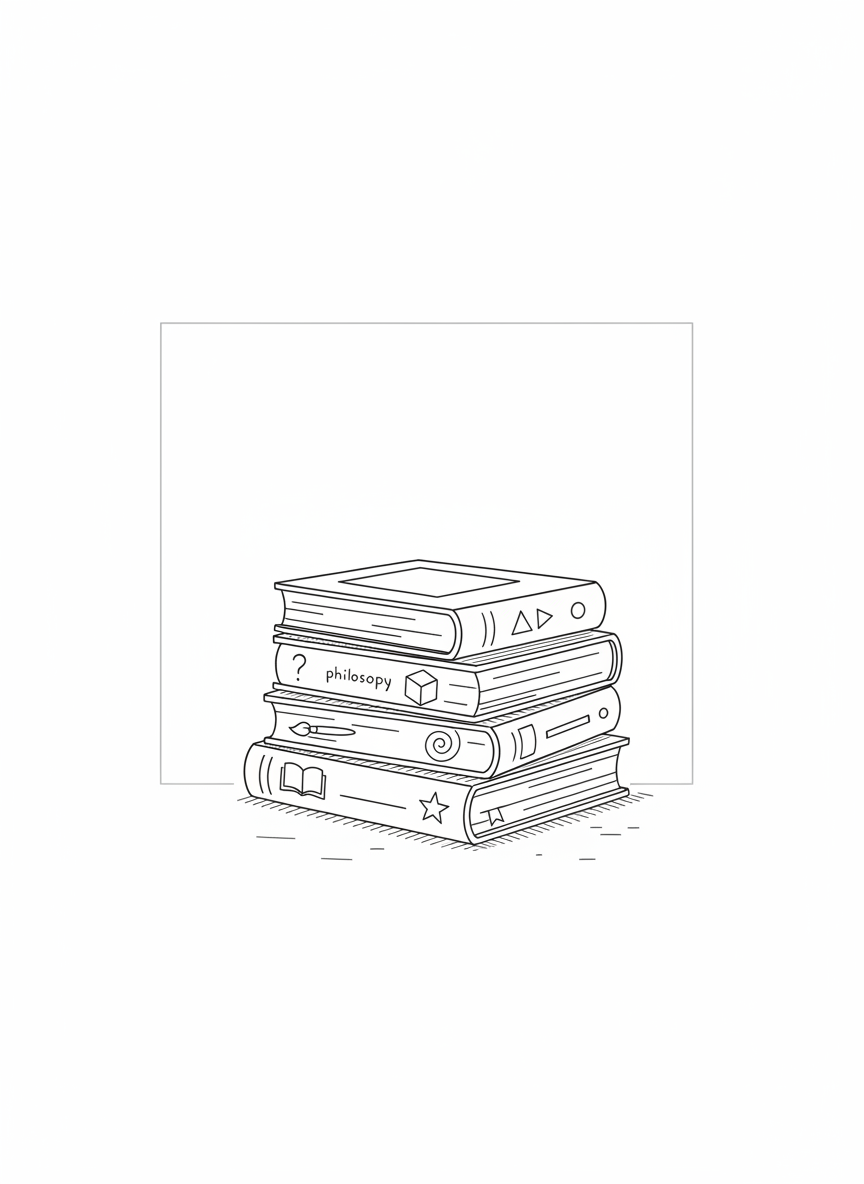 Minimalist line-art scene of a small stack of diverse books arranged in a loose spiral on a flat surface, each spine indicated with simple horizontal bands and tiny geometric symbols instead of titles, hinting at history, philosophy, art and literature. Behind them, a thin outline of a rectangular frame suggests a quiet study wall, completely blank. Light is implied as soft and diffuse through subtle variation in line thickness and sparse hatching underneath the stack. The image is composed at eye level with generous white space, giving a clean editorial feel. The mood is reflective and sophisticated, inviting slow reading without any heaviness or clutter.