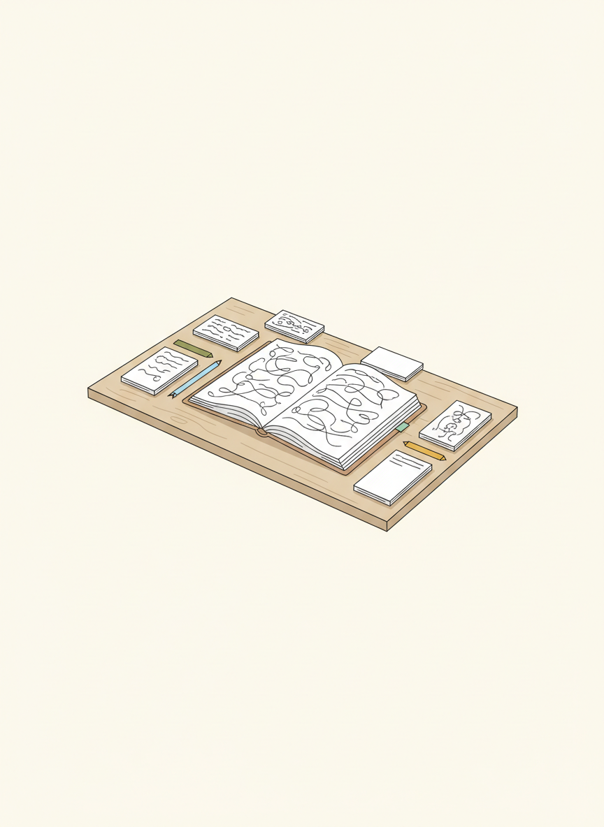 Clean line-art illustration of an open notebook on a simple wooden desk, its pages filled with neat, abstract lines suggesting handwritten reflections on history, art and literature without any legible text. Around it, a few carefully drawn index cards and slender bookmarks form quiet clusters, hinting at different humanities categories. The background is a clear, untextured light tone, keeping the scene uncluttered and airy. Soft, even studio-style lighting is suggested through gentle line weights and minimal shadows, creating a calm, editorial mood. The composition is seen from a slightly elevated angle, balanced with generous margins, evoking a sober yet approachable blog layout with an emphasis on clarity and thoughtful order.