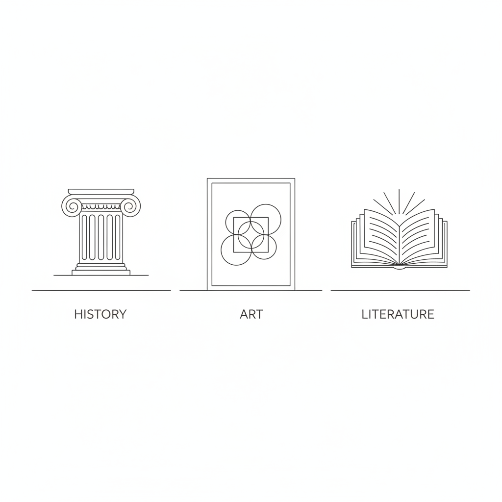 Conceptual line-art illustration of a tidy desktop divided into three quiet zones: on the left, a simple outline of an architectural column capital represents history; in the center, a framed abstract shape suggests visual art; on the right, an open book with radiating lines hints at literature. Each icon is drawn with fine, precise lines and no shading beyond a few grounded base lines. The background is pure, uncluttered white, with subtle invisible grid structure implied by alignment. Lighting is neutral and soft, expressed through absence of heavy contrast. The mood is orderly and approachable, evoking a clean taxonomy of humanities themes.