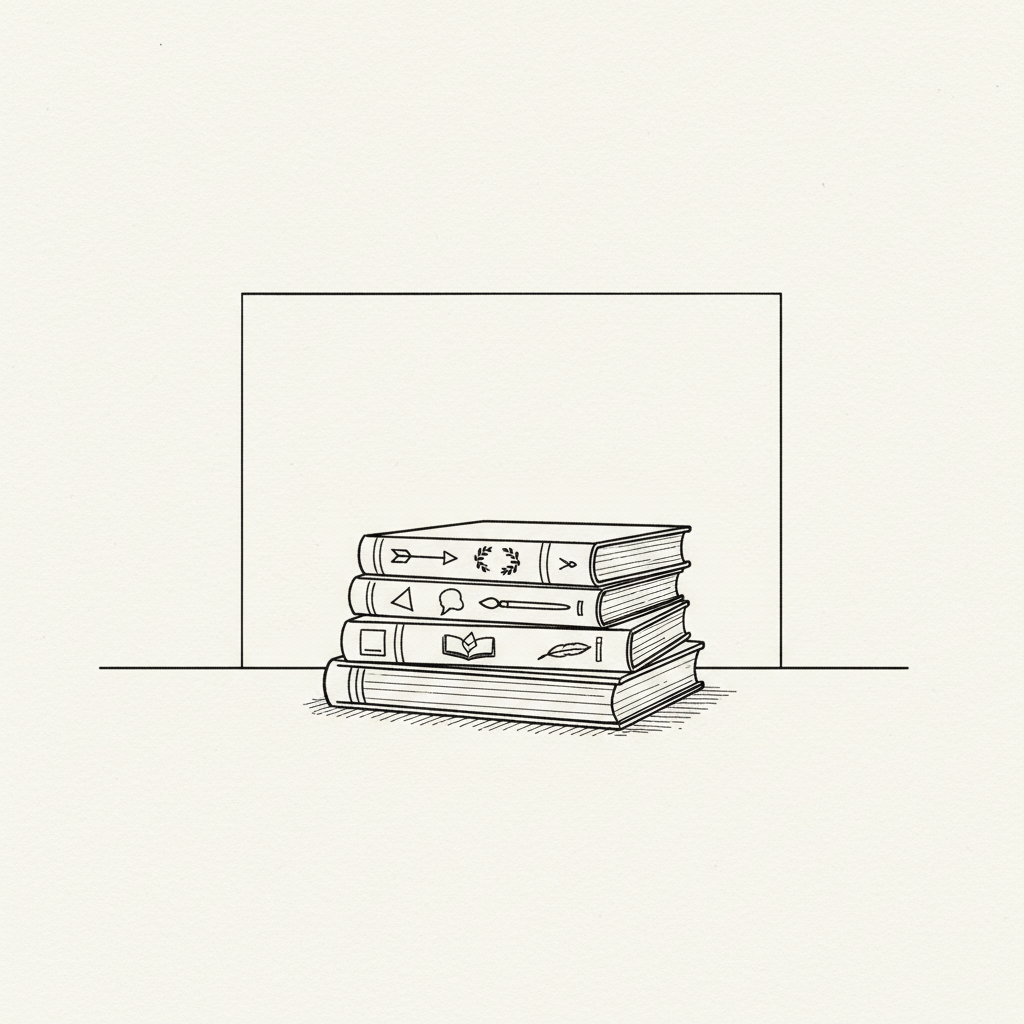 Minimalist line-art scene of a small stack of diverse books arranged in a loose spiral on a flat surface, each spine indicated with simple horizontal bands and tiny geometric symbols instead of titles, hinting at history, philosophy, art and literature. Behind them, a thin outline of a rectangular frame suggests a quiet study wall, completely blank. Light is implied as soft and diffuse through subtle variation in line thickness and sparse hatching underneath the stack. The image is composed at eye level with generous white space, giving a clean editorial feel. The mood is reflective and sophisticated, inviting slow reading without any heaviness or clutter.